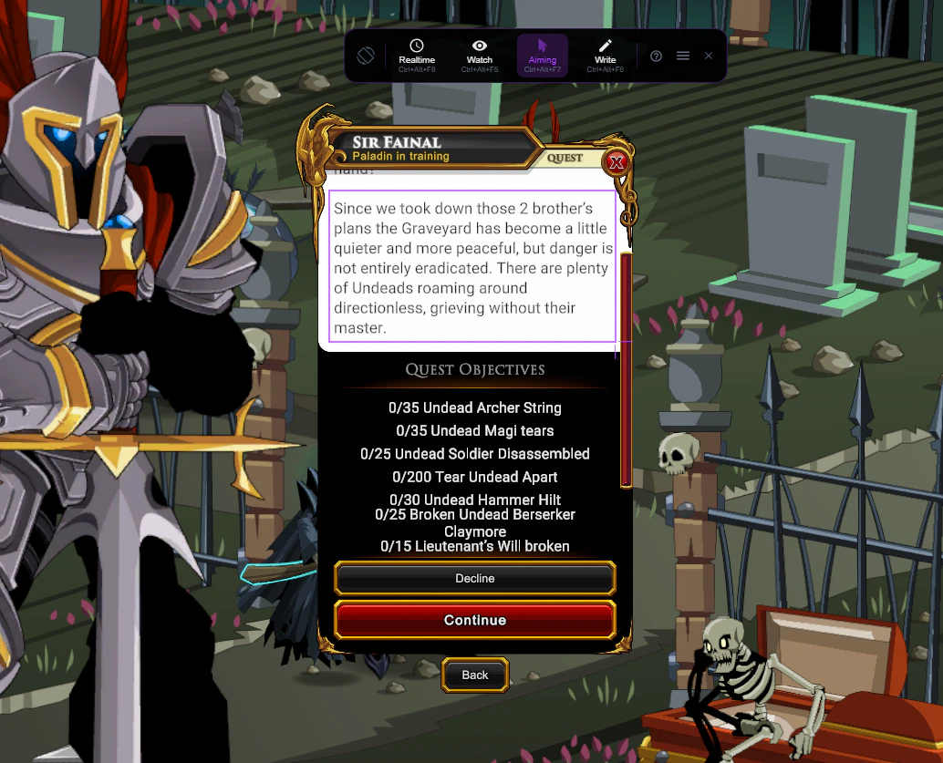 AdventureQuest Worlds Infinity quest window from Sir Fainal, with Lexa's toolbar at the top showing the Cursor button as "Aiming". A violet selection box surrounds the English quest description; the Quest Objectives list below it is outside the box.