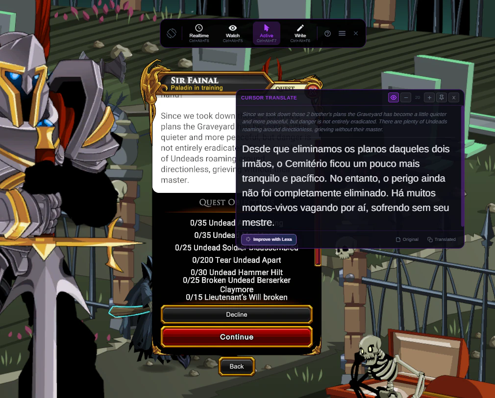 The Cursor Translate window over the right side of the same quest window. It shows the recognized English description in small italic text and the Portuguese translation in larger text below, with "Improve with Lexa", "Original" and "Translated" buttons at the bottom.