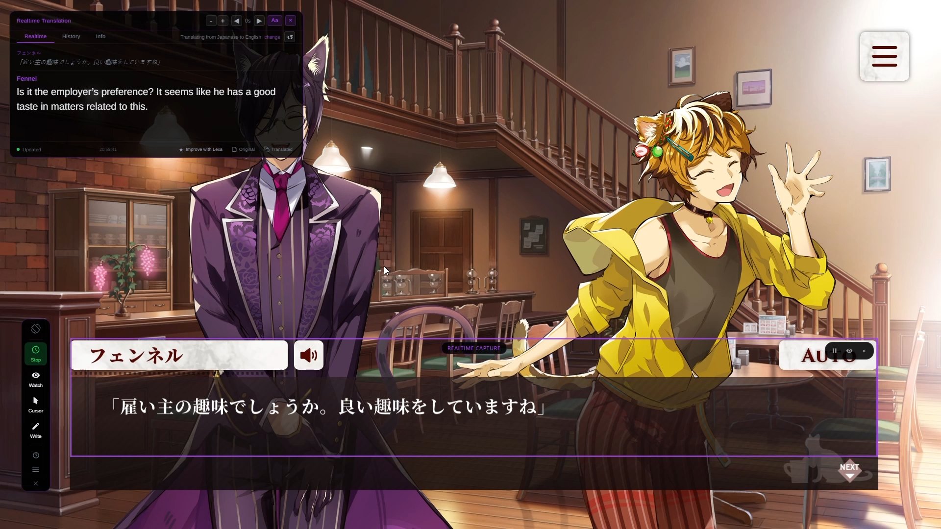 Lexa Realtime mode on a Japanese visual novel: the Realtime frame surrounds Fennel’s dialogue box, and the panel at the top left shows the original line and its English translation, “Is it the employer’s preference? It seems like he has a good taste in matters related to this.”