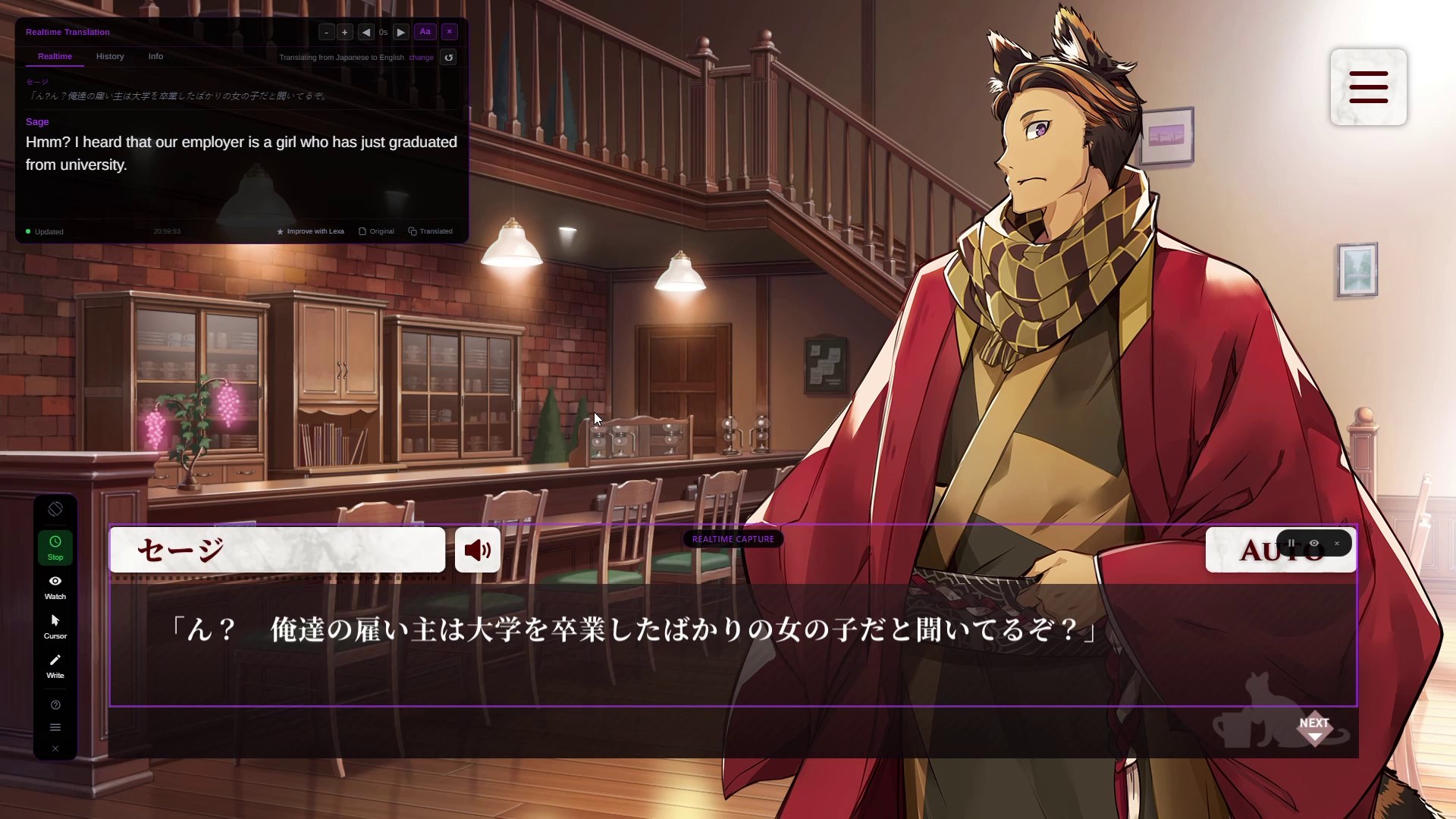 Lexa Realtime mode translating Japanese visual novel dialogue into English in a panel beside the game