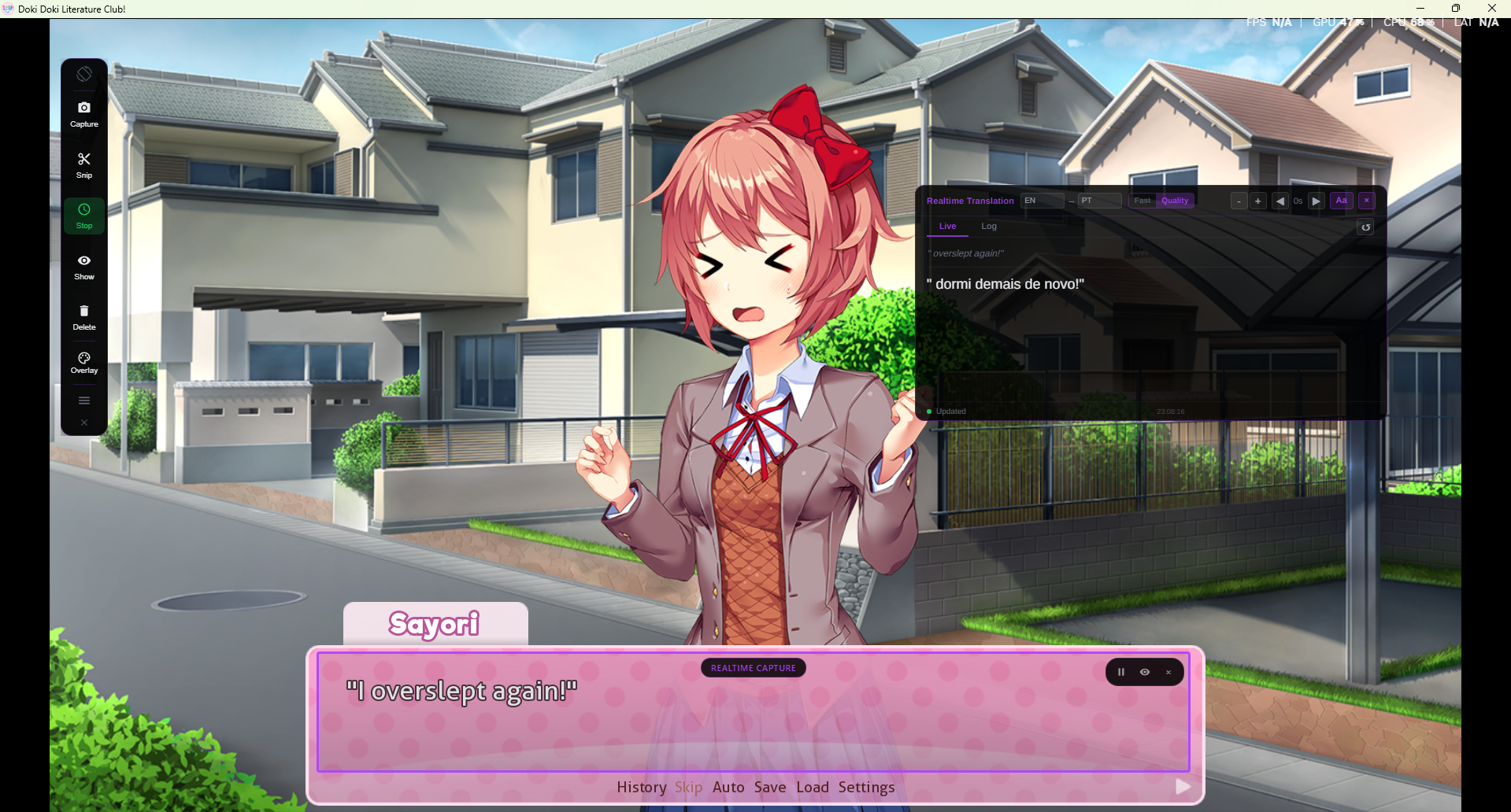 Lexa Translator real-time screen translation overlaying translated text on a visual novel game